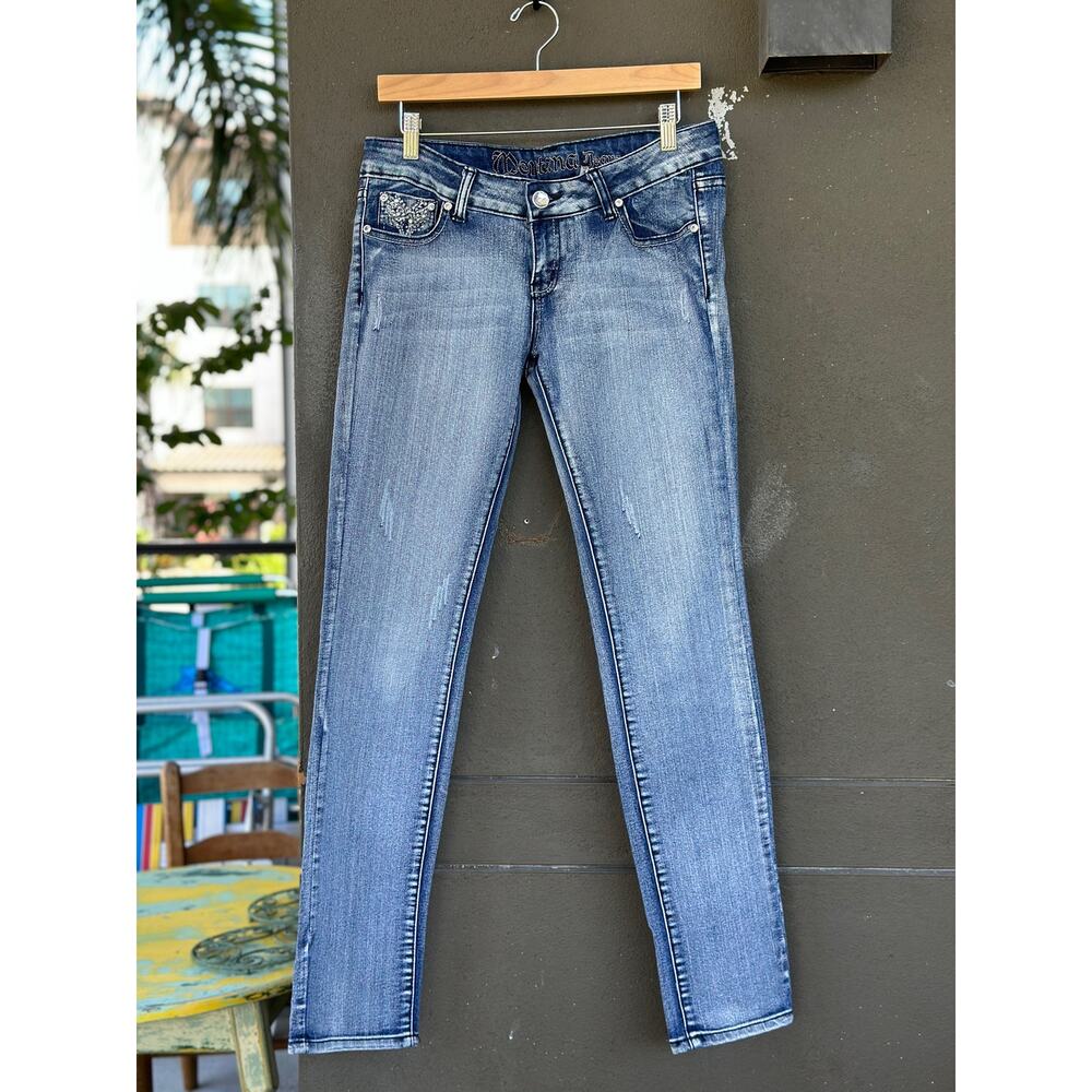 Vintage Y2K Montana Jeans Women's 9/10 Bedazzled Pockets Low-Rise Skinny Denim - Picture 2 of 10